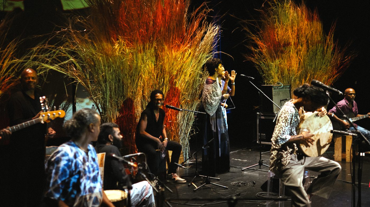 the ensemble framed by the grass installations