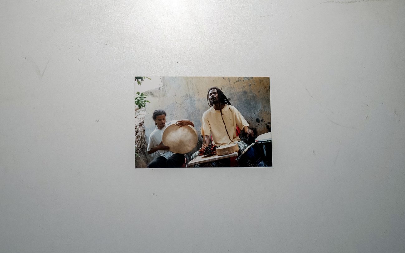 ravann and drums against an old wall, 1990s